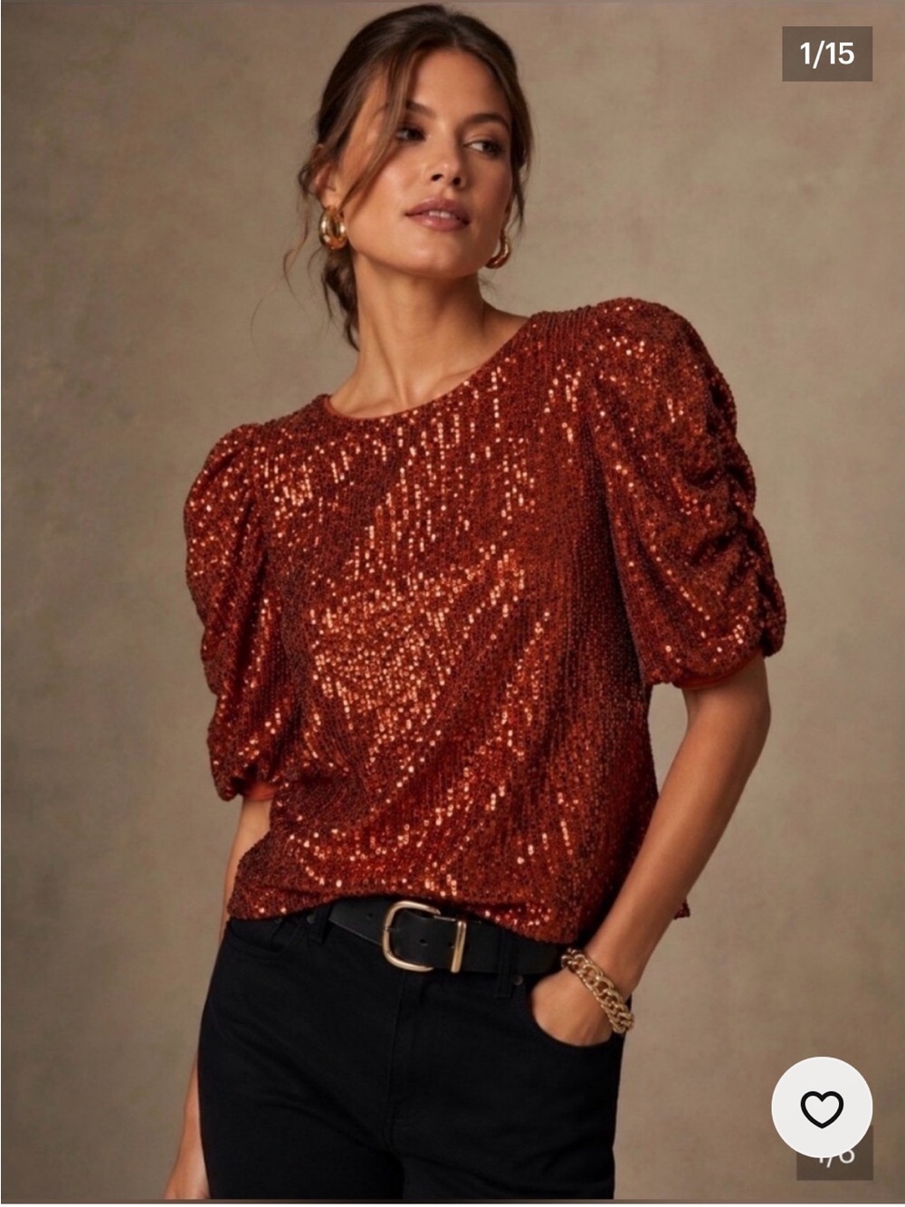 NWT Anthropologie Copper Sequin Puff-Sleeve Blouse